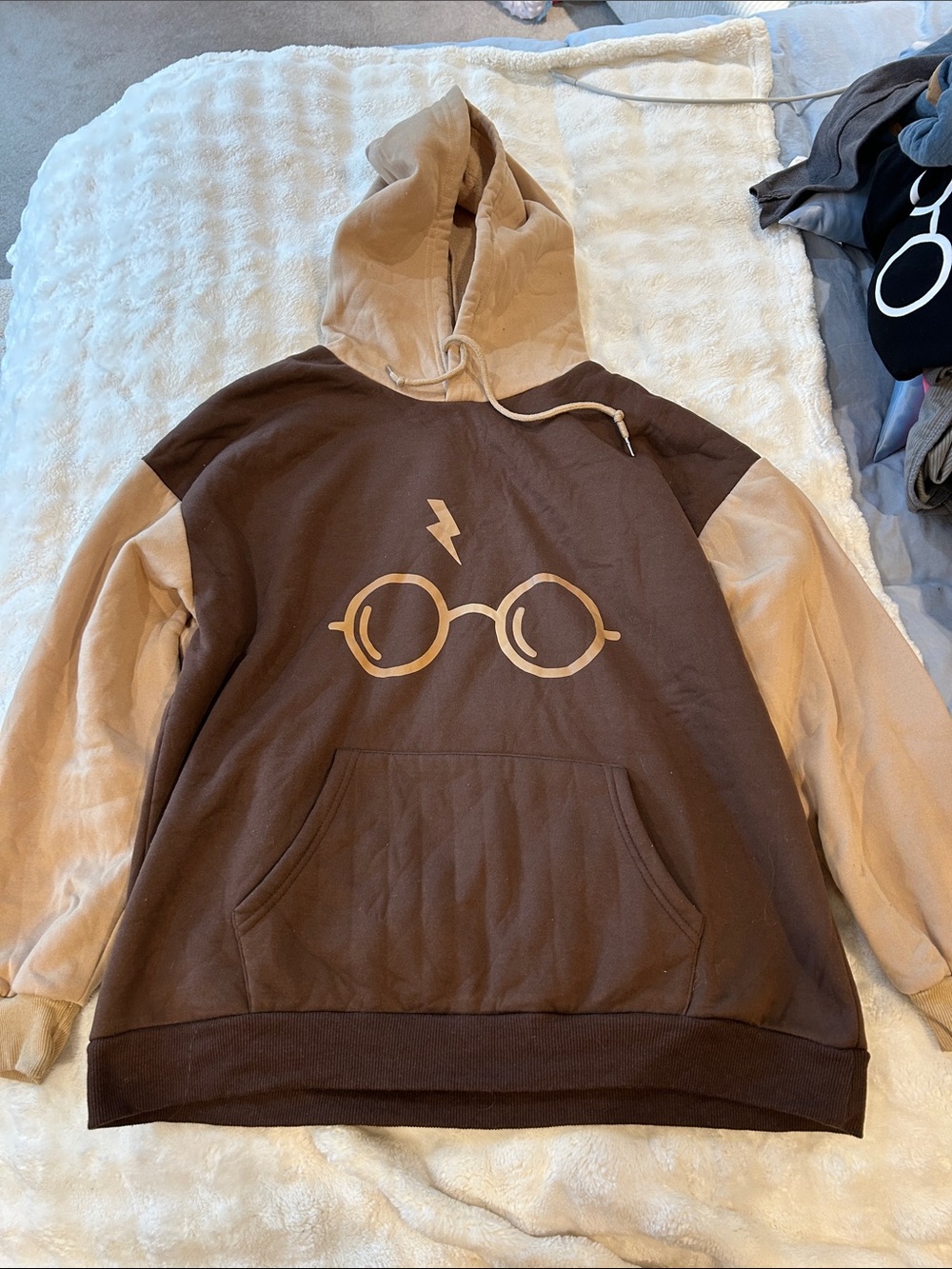 Brown & Tan Colorblock Hoodie with Graphic Glasses